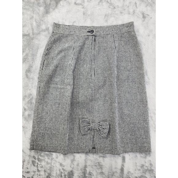 Vintage 80s My Michelle Wool Houndstooth Bow Slit Mini Skirt Size XS Gray Black - Picture 3 of 10